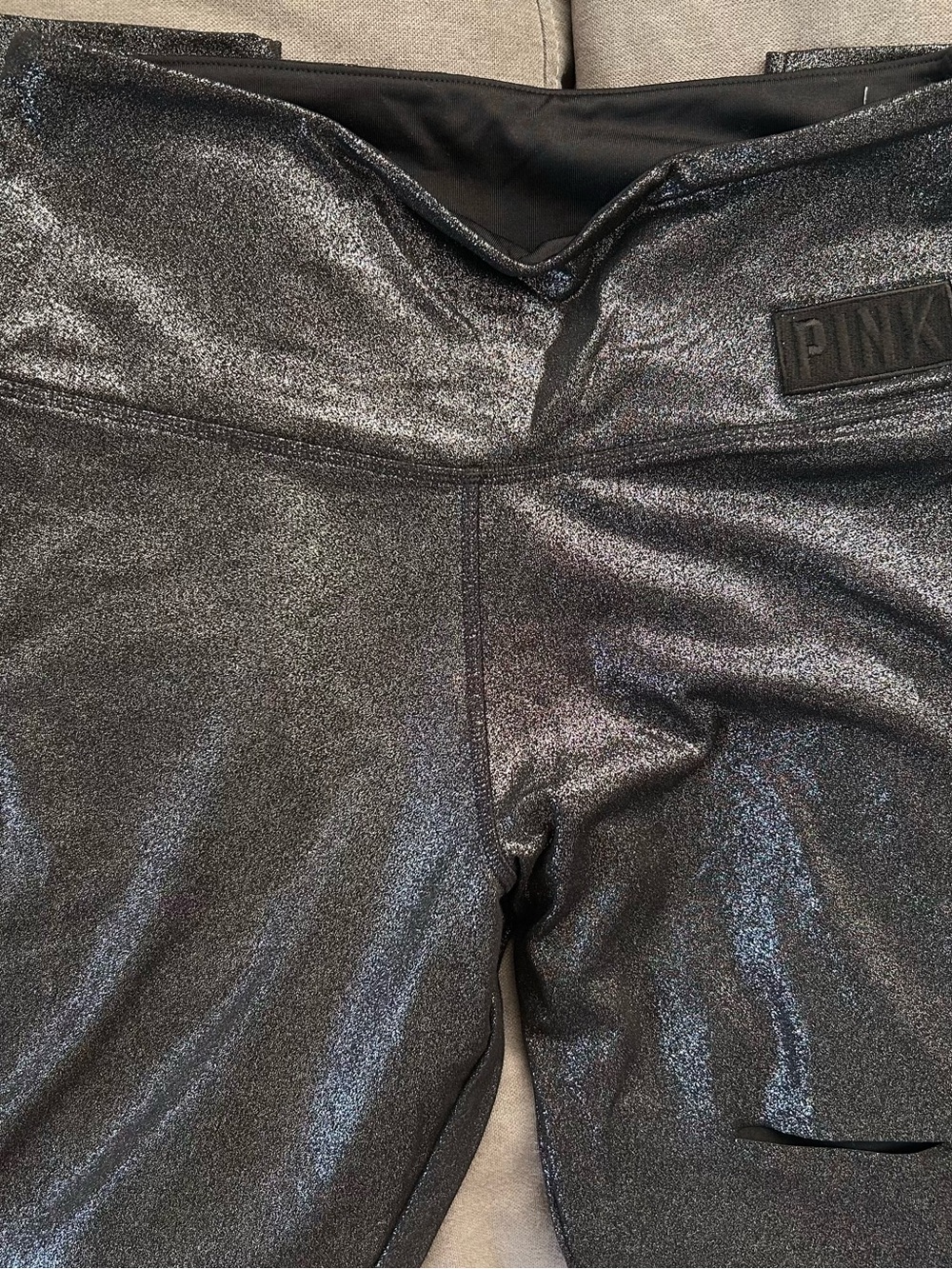 PINK Metallic Black Leggings with Logo Patch